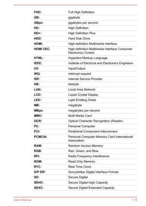 Page 139FHD:Full High DefinitionGB:gigabyteGBps:gigabytes per secondHD:High DefinitionHD+:High Definition PlusHDD:Hard Disk DriveHDMI:High-definition Multimedia InterfaceHDMI CEC:High-definition Multimedia Interface Consumer
Electronics ControlHTML:Hypertext Markup LanguageIEEE:Institute of Electrical and Electronics EngineersI/O:Input/OutputIRQ:interrupt requestISP:Internet Service ProviderKB:kilobyteLAN:Local Area NetworkLCD:Liquid Crystal DisplayLED:Light Emitting DiodeMB:megabyteMBps:megabytes per...