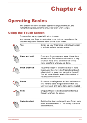 Page 50Chapter 4
Operating Basics This chapter describes the basic operations of your computer, and
highlights the precautions that should be taken when using it.
Using the Touch Screen Some models are equipped with a touch screen.You can use your finger to manipulate icons, buttons, menu items, the
onscreen keyboard, and other items on the touch screen.
TapSimply tap your finger once on the touch screen
to activate an item, such as an app.Press and holdPress your finger down and leave it there for a
few...