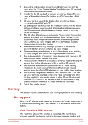 Page 68Depending on the system environment, 3D playback may only beused when the "Video Display Window" is at full-screen. 3D playbackmay not function when windowed.
In order for the 3D playback to work on an external display/TV, you
need a 3D enabled display/TV that has an HDCP compliant HDMI
port.
3D video content can only be displayed on an external display connected using HDMI "with 3D".
3D Settings can be changed on the "Settings" Screen, but the defaultsettings are highly...