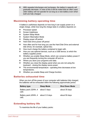 Page 71With repeated discharges and recharges, the battery's capacity will
gradually decrease. In view of this it will be noted that an often used,
older battery will not operate for as long as a new battery even when
both are fully charged.
Maximizing battery operating time
A battery's usefulness depends on how long it can supply power on asingle charge, while how long the charge lasts in a battery depends on:
Processor speed
Screen brightness
System Sleep Mode
System Hibernation Mode
Display power off...