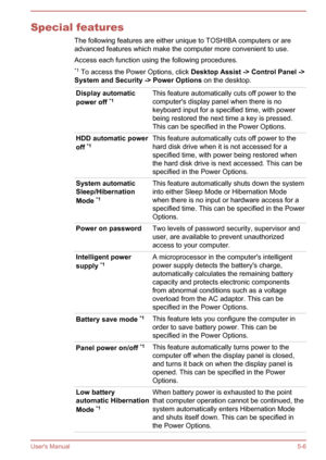 Page 89Special featuresThe following features are either unique to TOSHIBA computers or are
advanced features which make the computer more convenient to use.
Access each function using the following procedures. *1  To access the Power Options, click  Desktop Assist -> Control Panel ->
System and Security -> Power Options  on the desktop.Display automatic
power off  *1This feature automatically cuts off power to the
computer's display panel when there is no keyboard input for a specified time, with...