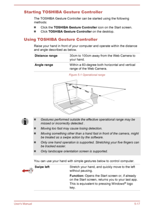 Page 100Starting TOSHIBA Gesture ControllerThe TOSHIBA Gesture Controller can be started using the following
methods:
Click the  TOSHIBA Gesture Controller  icon on the Start screen.
Click TOSHIBA Gesture Controller  on the desktop.
Using TOSHIBA Gesture Controller Raise your hand in front of your computer and operate within the distanceand angle described as below.
Distance range30cm to 100cm away from the Web Camera to
your hand.Angle rangeWithin a 60-degree both horizontal and vertical
range of the Web...