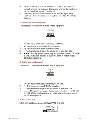 Page 1222. If this equipment causes RF interference to other radio stations,promptly change the frequency being used, change the location of
use, or turn off the source of emissions.
3. Contact an authorized TOSHIBA service provider if you have problems with interference caused by this product to Other Radio
Stations.
2. Indication for Wireless LAN
The indication shown below appears on this equipment.
1. 2.4: This equipment uses a frequency of 2.4GHz.
2. DS: This equipment uses DS-SS modulation.
3. OF: This...