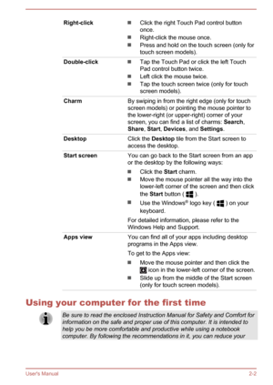 Page 19Right-clickClick the right Touch Pad control button
once.
Right-click the mouse once.
Press and hold on the touch screen (only for
touch screen models).
Double-clickTap the Touch Pad or click the left Touch
Pad control button twice.
Left click the mouse twice.
Tap the touch screen twice (only for touch
screen models).
CharmBy swiping in from the right edge (only for touch
screen models) or pointing the mouse pointer to
the lower-right (or upper-right) corner of your
screen, you can find a list of charms:...