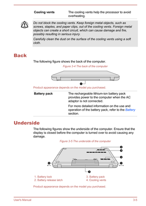 Page 34Cooling ventsThe cooling vents help the processor to avoidoverheating.Do not block the cooling vents. Keep foreign metal objects, such as
screws, staples, and paper clips, out of the cooling vents. Foreign metal
objects can create a short circuit, which can cause damage and fire, possibly resulting in serious injury.
Carefully clean the dust on the surface of the cooling vents using a soft cloth.
Back
The following figure shows the back of the computer. Figure 3-4 The back of the computer
Product...