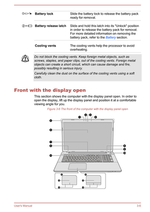 Page 35Battery lockSlide the battery lock to release the battery pack
ready for removal.Battery release latchSlide and hold this latch into its "Unlock" position in order to release the battery pack for removal.
For more detailed information on removing the
battery pack, refer to the  Battery section.Cooling ventsThe cooling vents help the processor to avoid
overheating.Do not block the cooling vents. Keep foreign metal objects, such as
screws, staples, and paper clips, out of the cooling vents. Foreign...