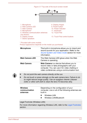 Page 36Figure 3-7 Top side of the touch screen model1. Microphone8. Display hinges2. Web Camera LED9. Power button3. Web Camera10. Power indicator4. Microphone*11. Keyboard5. Wireless communication antennas
(not shown)12. Touch Pad6. Display screen13. Touch Pad control buttons7. Stereo speakers 
* Provided with some models.
Product appearance depends on the model you purchased.
MicrophoneThe built-in microphone allows you to import and
record sounds for your application. Refer to theSound System and Video mode...