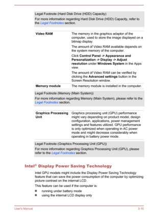 Page 39Legal Footnote (Hard Disk Drive (HDD) Capacity)
For more information regarding Hard Disk Drive (HDD) Capacity, refer to the  Legal Footnotes  section.Video RAMThe memory in the graphics adaptor of the
computer, used to store the image displayed on a
bitmap display.
The amount of Video RAM available depends on
the system memory of the computer.
Click  Control Panel -> Appearance and 
Personalization -> Display -> Adjust 
resolution  under Windows System  in the Apps
view.
The amount of Video RAM can be...