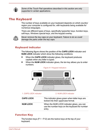 Page 44Some of the Touch Pad operations described in this section are only
supported in certain applications.
The Keyboard
The number of keys available on your keyboard depends on which country/region your computer is configured for, with keyboards being available fornumerous languages.
There are different types of keys, specifically typewriter keys, function keys, soft keys, Windows special keys, and the keypad overlay.
Never remove the key caps on your keyboard. Failure to do so could
damage the parts under...