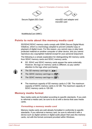 Page 68Figure 4-7 Examples of memory media Secure Digital (SD) Card microSD card adaptor and
microSD card  MultiMediaCard (MMC)  
Points to note about the memory media card
SD/SDHC/SDXC memory cards comply with SDMI (Secure Digital MusicInitiative), which is a technology adopted to prevent unlawful copy or
playback of digital music. For this reason, you cannot copy or play back
protected material on another computer or other device, and you cannot
reproduce any copyrighted material except for your personal...