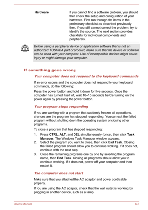 Page 97HardwareIf you cannot find a software problem, you should
then check the setup and configuration of your
hardware. First run through the items in the
preliminary checklist as described previously
then, if you still cannot correct the problem, try to identify the source. The next section provideschecklists for individual components and
peripherals.Before using a peripheral device or application software that is not an authorized TOSHIBA part or product, make sure that the device or softwarecan be used...