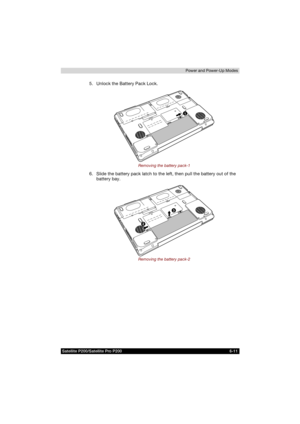 Page 125Satellite P200/Satellite Pro P200 6-11Power and Power-Up Modes
5. Unlock the Battery Pack Lock.
Removing the battery pack-1
6. Slide the battery pack latch to the left, then pull the battery out of the 
battery bay.
Removing the battery pack-2
1
2
3 