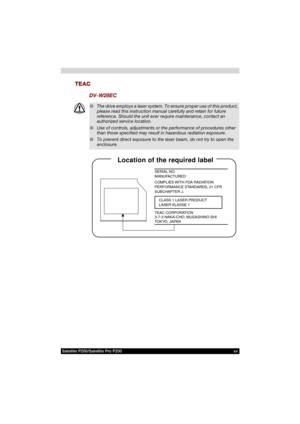 Page 15Satellite P200/Satellite Pro P200 xv
TEAC
DV-W28EC
■The drive employs a laser system. To ensure proper use of this product, 
please read this instruction manual carefully and retain for future 
reference. Should the unit ever require maintenance, contact an 
authorized service location.
■Use of controls, adjustments or the performance of procedures other 
than those specified may result in hazardous radiation exposure.
■To prevent direct exposure to the laser beam, do not try to open the 
enclosure....