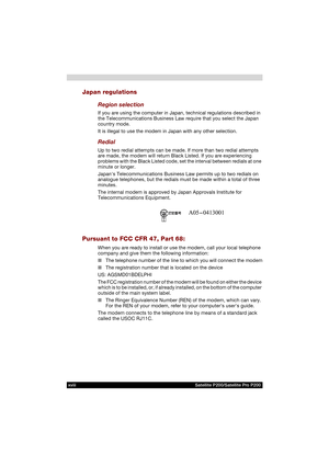 Page 18xviii Satellite P200/Satellite Pro P200
Japan regulations
Region selection
If you are using the computer in Japan, technical regulations described in 
the Telecommunications Business Law require that you select the Japan 
country mode.
It is illegal to use the modem in Japan with any other selection.
Redial
Up to two redial attempts can be made. If more than two redial attempts 
are made, the modem will return Black Listed. If you are experiencing 
problems with the Black Listed code, set the interval...