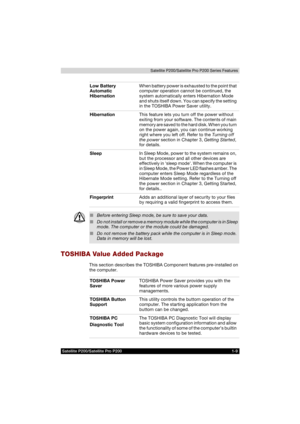 Page 45Satellite P200/Satellite Pro P200 1-9Satellite P200/Satellite Pro P200 Series Features
TOSHIBA Value Added Package
This section describes the TOSHIBA Component features pre-installed on 
the computer.Low Battery 
Automatic 
HibernationWhen battery power is exhausted to the point that 
computer operation cannot be continued, the 
system automatically enters Hibernation Mode 
and shuts itself down. You can specify the setting 
in the TOSHIBA Power Saver utility.
HibernationThis feature lets you turn off...