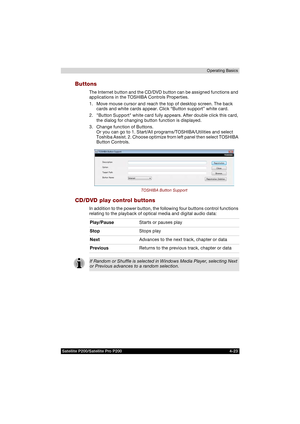 Page 97Satellite P200/Satellite Pro P200 4-23Operating Basics
Buttons
The Internet button and the CD/DVD button can be assigned functions and 
applications in the TOSHIBA Controls Properties.
1. Move mouse cursor and reach the top of desktop screen. The back 
cards and white cards appear. Click “Button support” white card.
2. Button Support white card fully appears. After double click this card, 
the dialog for changing button function is displayed.
3. Change function of Buttons.
Or you can go to 1. Start/All...