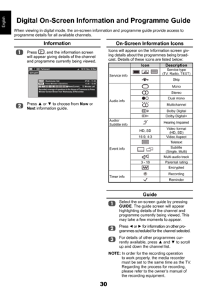 Page 3030
EnglishDigital On-Screen Information and Programme Guide
When viewing in digital mode, the on-screen information and programme gu\
ide provide access to programme details for all available channels.
On-Screen Information Icons
Icons will appear on the Information screen giv-ing details about the programmes being broad-cast. Details of these icons are listed below:
IconDescription
Service info    Service type 
(TV, Radio, TEXT)
Skip
Audio info
Mono
Stereo
Dual mono
Multichannel
Dolby Digital
Dolby...