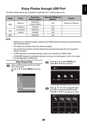 Page 3939
English
View Photo Files
Insert a USB storage device and  press  on the remote.
Use ▲ or ▼ to select MEDIA and press .
TV
      1
      2
      3C
HDMI1
HDMI2
MEDIA
PC
Inputs
Enjoy Photos through USB Port
The Photo Viewer allows you to playback image files from a USB storage device.
ImagePhotoResolution(Mstat suggest)Required DRAM size(Mbytes)Remark
JPEGBase-line15360x8704
(1920x8x1088x8)3.96 Depends on RAM size
Progressive1024x7686.00 
PNGnon-interface9600x64003.66 
interface1200x8003.66...