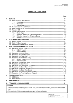 Page 2
EO18-33025 
(Revision Date: Mar. 27, 2009)
 
TABLE OF CONTENTS 
 
  Page 
1. OUTLINE------------------------------------------------------------------------\
------------------------------------- 1- 1 
  1.1  Features of the B-EV4D/EV4T ------------------------------------------------------------------------\
-- 1- 1 
    1.1.1  Front View ------------------------------------------------------------------------\
------------------ 1- 1 
    1.1.2  Rear View...