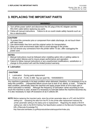 Page 233. REPLACING THE IMPORTANT PARTS EO18-33025 
(Revision Date: Mar. 27, 2009) 
3.1 Replacing the Top Cover
 
3-1 
3. REPLACING THE IMPORTANT PARTS 
 
 
 
 
 
 
 
 
 
 
 
