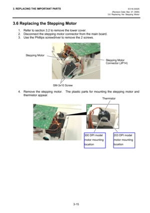 Page 37
3. REPLACING THE IMPORTANT PARTS EO18-33025 
(Revision Date: Mar. 27, 2009) 
3.6 Replacing the Stepping Motor
 
3-15 
3.6 Replacing the Stepping Motor 
1.  Refer to section 3.2 to remove the lower cover. 
2.  Disconnect the stepping motor connector from the main board. 
3.  Use the Phillips screwdriver to remove the 2 screws. 
 
 
 
 
 
4.  Remove the stepping motor.    The plasti c parts for mounting the stepping motor and 
thermistor appear. 
 
 
 
 
 
 
 
 
 
 
SM-3x10 Screw
Stepping Motor
Stepping...