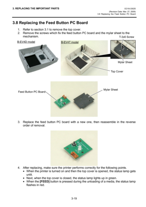 Page 413. REPLACING THE IMPORTANT PARTS EO18-33025 
(Revision Date: Mar. 27, 2009) 
3.8 Replacing the Feed Button PC Board
 
3-19 
3.8 Replacing the Feed Button PC Board 
1.  Refer to section 3.1 to remove the top cover. 
2.  Remove the screws which fix the feed button PC board and the mylar sheet to the 
mechanism. 
 
 
 
 
3.  Replace the feed button PC board with a new one, then reassemble in the reverse 
order of removal. 
 
 
4.  After replacing, make sure the printer performs correctly for the following...