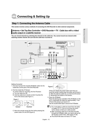 Page 15Connecting & Setting Up
English - 15
Connecting & Setting Up
Step 1: Connecting the Antenna Cable
This section involves various methods of connecting the DVD Recorder to other external components.
  Antenna + Set Top Box Controller + DVD Recorder + TV : Cable box with a video/
audio output or a satellite receiver
You can record channels by selecting the channel on the cable box. You cannot record one channel while 
watching another channel. Be sure that the cable box is turned on.
▌
Getting Connected
1....