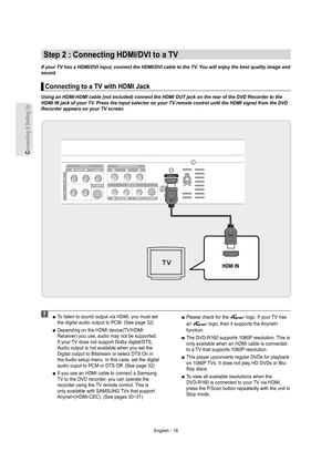 Page 16Connecting & Setting Up
English - 16
Step 2 : Connecting HDMI/DVI to a TV
If your TV has a HDMI/DVI input, connect the HDMI/DVI cable to the TV. You will enjoy the best quality image and 
sound.
Connecting to a TV with HDMI Jack
Using an HDMI-HDMI cable (not included) connect the HDMI OUT jack on the rear of the DVD Recorder to the 
HDMI IN jack of your TV. Press the input selector on your TV remote control until the HDMI signal from the DVD 
Recorder appears on your TV screen.
▌
  To listen to sound...