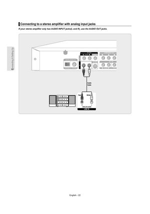 Page 22Connecting & Setting Up
English - 22
Connecting to a stereo ampliﬁ er with analog input jacks
If your stereo ampliﬁ er only has AUDIO INPUT jacks(L and R), use the AUDIO OUT jacks.
▌
01318A-R160-XAA-ENG.indb   2201318A-R160-XAA-ENG.indb   222007-05-02   오전 9:07:412007-05-02   오전 9:07:41 