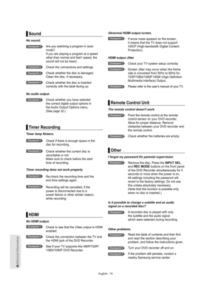 Page 74Additional Information
English - 74
Sound
No sound.
Are you watching a program in scan 
mode?
If you are playing a program at a speed 
other than normal and fast1 speed, the 
sound will not be heard.
Check the connections and settings.
Check whether the disc is damaged.
Clean the disc, if necessary.
Check whether the disc is inserted
correctly with the label facing up.
No audio output.
Check whether you have selected
the correct digital output options in
the Audio Output Options menu.
(See page 32.)...