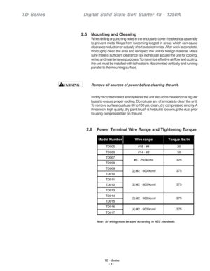 Page 11TD - Series- 5 -
TD SeriesDigital Solid State Soft Starter 48 - 1250A
2.5    Mounting and Cleaning
When drilling or punching holes in the enclosure, cover the electrical a\
ssembly
to prevent metal filings from becoming lodged in areas which can cause
clearance reduction or actually short out electronics. After work is com\
plete,
thoroughly clean the area and reinspect the unit for foreign material. M\
ake
sure there is sufficient clearance (six inches) all around the unit fo\
r cooling,
wiring and...