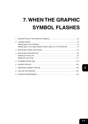 Page 1227-1
1
2
3
4
5
6
7
9
10
11
128
7. WHEN THE  GRAPHIC
SYMBOL FLASHES
1. DESCRIPTION OF THE GRAPHIC SYMBOLS ............................................................. 7-2
2. LOADING PAPER .......................................................................................................... 7-3
Adding Paper to the Cassettes ...................................................................................... 7-3
Adding Paper to the Large-Capacity Feeder (option for e-STUDIO20/25)...