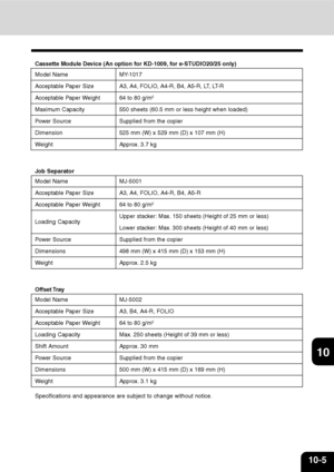 Page 17810-5
1
2
3
4
5
6
7
9
10
11
128
Job Separator
Model Name
Acceptable Paper Size
Acceptable Paper Weight
Loading Capacity
Power Source
Dimensions
Weight
MJ-5001
A3, A4, FOLIO, A4-R, B4, A5-R
64 to 80 g/m2
Upper stacker: Max. 150 sheets (Height of 25 mm or less)
Lower stacker: Max. 300 sheets (Height of 40 mm or less)
Supplied from the copier
498 mm (W) x 415 mm (D) x 153 mm (H)
Approx. 2.5 kg
Offset Tray
Model Name
Acceptable Paper Size
Acceptable Paper Weight
Loading Capacity
Shift Amount
Power Source...