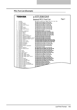 Page 147List Print Format    145
PCL Font List (Example)
Downloaded From ManualsPrinter.com Manuals 