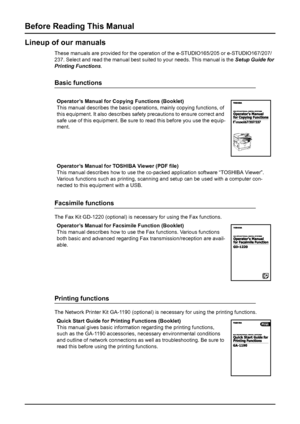 Page 64    Before Reading This Manual
Before Reading This Manual
Lineup of our manuals
These manuals are provided for the operation of the e-STUDIO165/205 or e-STUDIO167/207/
237. Select and read the manual best suited to your needs. This manual is the Setup Guide for 
Printing Functions.
Basic functions
Facsimile functions
The Fax Kit GD-1220 (optional) is necessary for using the Fax functions.
Printing functions
The Network Printer Kit GA-1190 (optional) is necessary for using the printing functions....