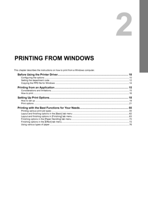 Page 112.PRINTING FROM WINDOWS
This chapter describes the instructions on how to print from a Windows computer.
Before Using the Printer Driver............................................................................................. 10
Configuring the options ........................................................................................................................................10
Setting the department code...