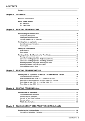 Page 5CONTENTS    3
CONTENTS
Preface....................................................................................................................................... 1
Chapter 1 OVERVIEW
Features and Functions ........................................................................................................... 6
About Printer Drivers ............................................................................................................... 7
For Macintosh...