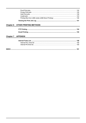 Page 64    CONTENTS
Proof Print jobs .................................................................................................................. 132
Private Print jobs ............................................................................................................... 135
Hold Print jobs ................................................................................................................... 139
Invalid jobs...