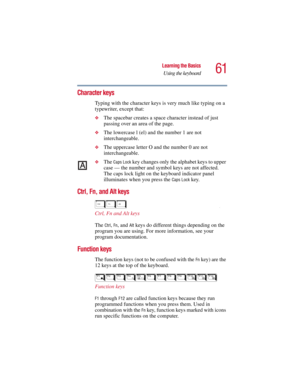 Page 6161
Learning the Basics
Using the keyboard
5.375 x 8.375 ver 2.3
Character keys 
Typing with the character keys is very much like typing on a 
typewriter, except that: 
❖The spacebar creates a space character instead of just 
passing over an area of the page.
❖The lowercase l (el) and the number 1 are not 
interchangeable.
❖The uppercase letter O and the number 0 are not 
interchangeable.
❖The Caps Lock key changes only the alphabet keys to upper 
case — the number and symbol keys are not affected. 
The...