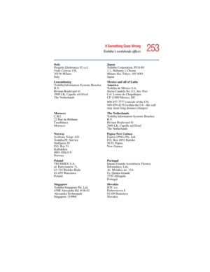 Page 253253
If Something Goes Wrong
Toshiba’s worldwide offices
5.375 x 8.375 ver 2.4.0
Italy
Progetto Elettronica 92 s.r.l.
Viale Certosa 138,
20156 Milano
ItalyJapan
Toshiba Corporation, PCO-IO
1-1, Shibaura 1-Chome
Minato-Ku, Tokyo, 105-8001
Japan
Luxembourg
Toshiba Information Systems Benelux 
B.V.
Rivium Boulevard 41
2909 LK, Capelle a/d IJssel
The NetherlandsMexico and all of Latin 
America
Toshiba de México S.A.
Sierra Candela No.111, 6to. Piso 
Col. Lomas de Chapultepec.
CP 11000 Mexico, DF.
800-457-7777...