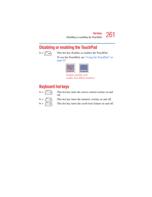 Page 261261
Hot Keys
Disabling or enabling the TouchPad
5.375 x 8.375 ver 2.4.0
Disabling or enabling the TouchPad
Keyboard hot keys 
Fn +  This hot key disables or enables the TouchPad.
To use the TouchPad, see “Using the TouchPad” on 
page 65.
Sample disable and
enable TouchPad windows
Fn +  This hot key turns the cursor control overlay on and 
off.
Fn +  This hot key turns the numeric overlay on and off.
Fn +  This hot key turns the scroll lock feature on and off. 