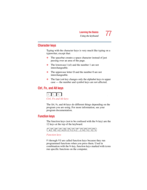 Page 7777
Learning the Basics
Using the keyboard
5.375 x 8.375 ver 2.4.0
Character keys 
Typing with the character keys is very much like typing on a 
typewriter, except that: 
❖The spacebar creates a space character instead of just 
passing over an area of the page.
❖The lowercase l (el) and the number 1 are not 
interchangeable.
❖The uppercase letter O and the number 0 are not 
interchangeable.
❖The Caps Lock key changes only the alphabet keys to upper 
case — the number and symbol keys are not affected....