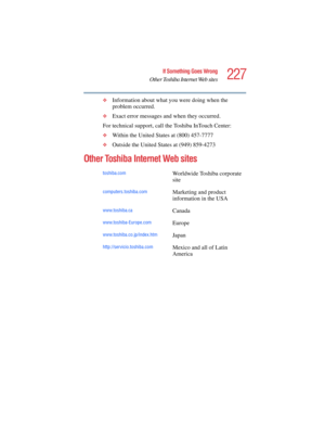 Page 227227
If Something Goes Wrong
Other Toshiba Internet Web sites
5.375 x 8.375 ver 2.4.0
❖Information about what you were doing when the 
problem occurred.
❖Exact error messages and when they occurred.
For technical support, call the Toshiba InTouch Center:
❖Within the United States at (800) 457-7777
❖Outside the United States at (949) 859-4273
Other Toshiba Internet Web sites 
toshiba.comWorldwide Toshiba corporate 
site
computers.toshiba.comMarketing and product 
information in the USA...