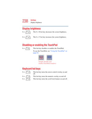 Page 238238
Hot Keys
Display brightness
5.375 x 8.375 ver 2.4.0
Display brightness
Disabling or enabling the TouchPad
Keyboard hot keys 
Fn +  The Fn + F6 hot key decreases the screen brightness.
Fn + 
      The Fn + F7 hot key increases the screen brightness.
Fn +  This hot key disables or enables the TouchPad.
To use the TouchPad, see “Using the TouchPad” on 
page 65.
Sample disable and
enable TouchPad windows
Fn +  This hot key turns the cursor control overlay on and 
off.
Fn +  This hot key turns the numeric...