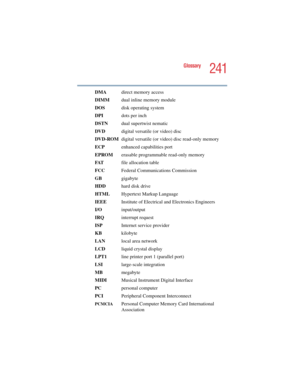 Page 241241
Glossary
5.375 x 8.375 ver 2.4.0
DMA  direct memory access
DIMM  dual inline memory module
DOS disk operating system
DPI dots per inch
DSTNdual supertwist nematic
DVD  digital versatile (or video) disc
DVD-ROMdigital versatile (or video) disc read-only memory
ECP enhanced capabilities port
EPROMerasable programmable read-only memory
FATfile allocation table
FCC  Federal Communications Commission
GB gigabyte
HDD  hard disk drive
HTMLHypertext Markup Language
IEEEInstitute of Electrical and Electronics...