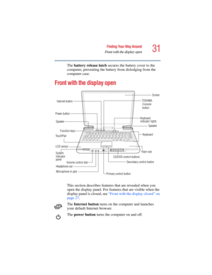 Page 3131
Finding Your Way Around
Front with the display open
5.375 x 8.375 ver 2.4.0
The battery release latch secures the battery cover to the 
computer, preventing the battery from dislodging from the 
computer case. 
Front with the display open
This section describes features that are revealed when you 
open the display panel. For features that are visible when the 
display panel is closed, see “Front with the display closed” on 
page 27.
The Internet button turns on the computer and launches 
your default...