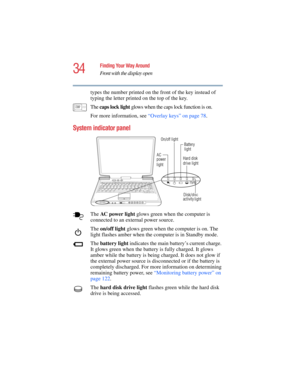 Page 3434
Finding Your Way Around
Front with the display open
5.375 x 8.375 ver 2.4.0
types the number printed on the front of the key instead of 
typing the letter printed on the top of the key.
The caps lock light glows when the caps lock function is on.
For more information, see “Overlay keys” on page 78.
System indicator panel
The AC  p ow e r  l i g h t glows green when the computer is 
connected to an external power source.
The on/off light glows green when the computer is on. The 
light flashes amber...