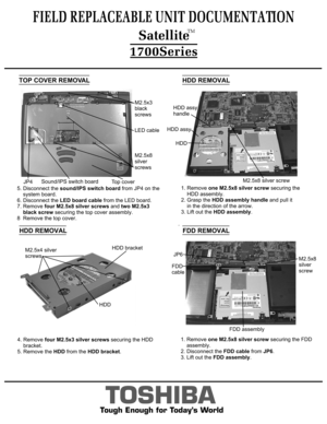 Page 5FDD REMOVALTOP COVER REMOVALHDD REMOVALHDD REMOVAL1. Remove one M2.5x8 silver screw securing the FDD
    assembly.2. Disconnect the FDD cable from JP6.
3. Lift out the FDD assembly.FIELD REPLACEABLE UNIT DOCUMENTATION
TOSHIBA
Tough Enough for Today’s World5. Disconnect the sound/IPS switch board from JP4 on the
    system board.6. Disconnect the LED board cable from the LED board.
7. Remove four M2.5x8 silver screws and two M2.5x3
    black screw securing the top cover assembly.
8  Remove the top...