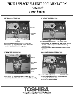 Page 64. Lift out the keyboard and set it on the palm rest.
5. Disconnect the keyboard cable from PJ333 on the 
    system board and lift out the keyboard.KEYBOARD REMOVALFIELD REPLACEABLE UNIT DOCUMENTATION1800 Series
TOSHIBA
Tough Enough for Today’s WorldIPS SWITCH REMOVALIPS SWITCH REMOVALCOOLING MODULE REMOVALPJ333Keyboard
cableKeyboard1. Remove one M2.5x4 black flat head screw securing
    the IPS switch cover(touchpad) from the battery     compartment.2. Remove the IPS switch(touchpad) cover from the...