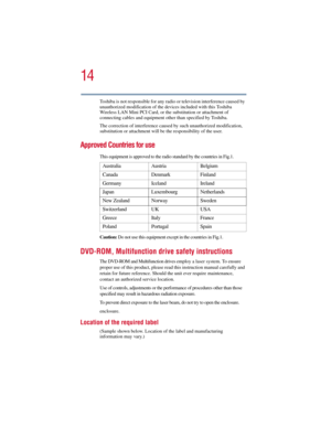 Page 1414
5.375 x 8.375 ver 2.3
Toshiba is not responsible for any radio or television interference caused by 
unauthorized modification of the devices included with this Toshiba 
Wireless LAN Mini PCI Card, or the substitution or attachment of 
connecting cables and equipment other than specified by Toshiba.
The correction of interference caused by such unauthorized modification, 
substitution or attachment will be the responsibility of the user.
Approved Countries for use
This equipment is approved to the...